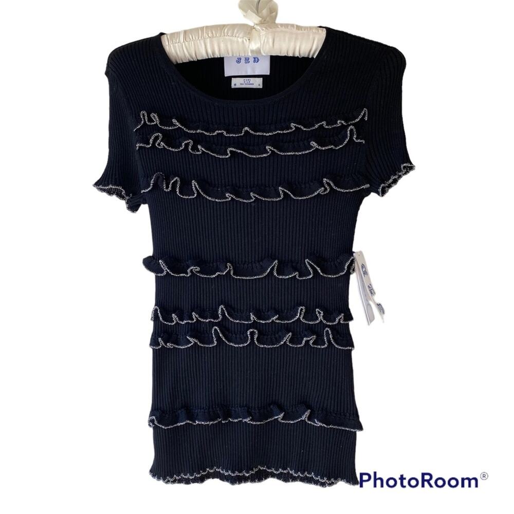 NWT $250 JED Silk Knit Ribbed Ruffles Crewneck Short Sleeve Sweater Tee Black S